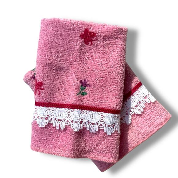 Vtg Dundee Brand Lace Trim Pink Face Cloth Cotton Floral Butterfly Cottage New - Picture 1 of 11